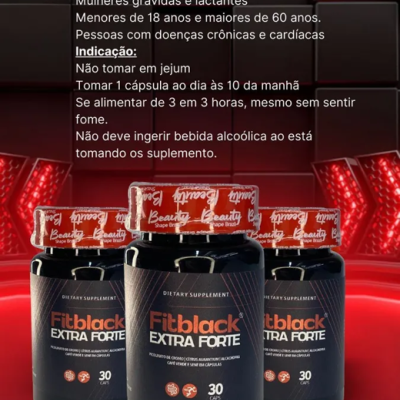 Frascos de suplemento Fitblack Extra Forte com texto de composição e indicações