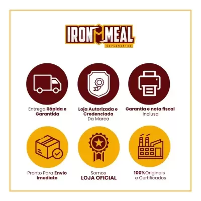 Logo IRON MEAL Suplementos com ícones de serviço em círculos castanhos e amarelos