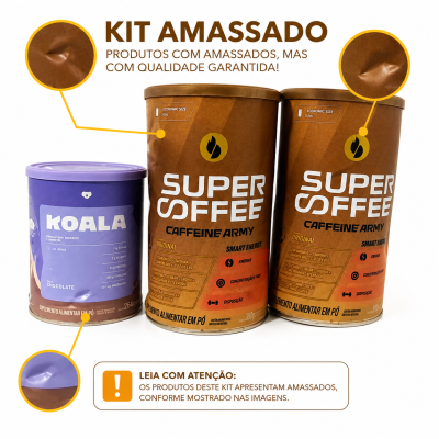 Três latas de suplementos em pó, duas castanhas SUPER COFFEE e uma roxa KOALA, todas amassadas conforme anunciado.