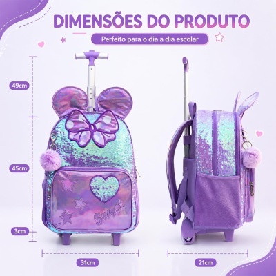 Kit&#x20;Mochila&#x20;de&#x20;Rodinhas&#x20;Infantil&#x20;Roxa&#x20;com&#x20;Lancheira&#x20;e&#x20;Estojo&#x20;-&#x20;Estilo&#x20;Princesa&#x20;Encantada