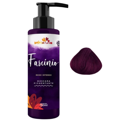 Frasco roxo com dispensador preto de máscara pigmentante para cabelo roxo intenso e amostra de cabelo tingido