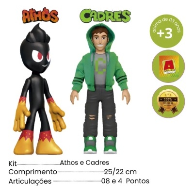 Figuras articuladas Athos e Cadres com descrição de tamanho e articulações