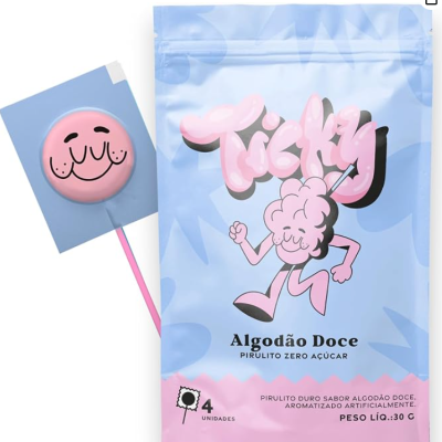Embalagem azul clara e rosa de pirulitos sabor algodão doce com desenho de pirulito sorridente