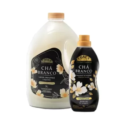 Produtos COALA lava-roupas e amaciante Chá Branco em embalagens com flor branca e detalhes em preto e bege.