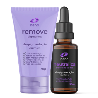 Duas embalagens de produtos para despigmentação química da marca nano com textos sobre uso e benefícios