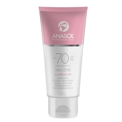 Tubo de protetor solar facial Anasol FPS 70 com embalagem rosa e branco