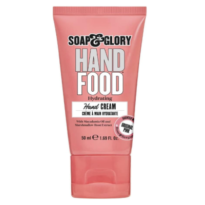 Tubo cor-de-rosa de creme hidratante para mãos Soap & Glory Hand Food de 50 ml