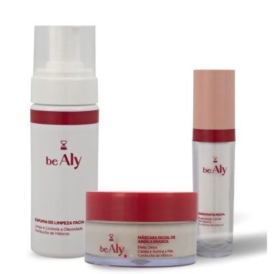 Conjunto de produtos de cuidados faciais beAly em embalagens branca, vermelha e bege.