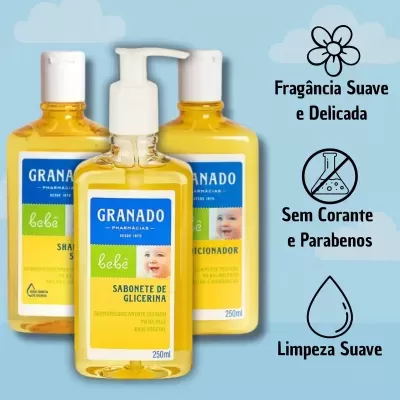 Produtos de higiene para bebé Granado com sabonete de glicerina, shampoo e condicionador em fundo azul com texto e ícones