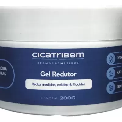 Frasco branco de gel redutor Cicatribem com rótulo azul