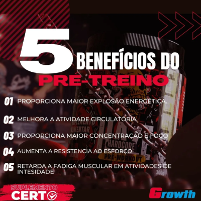 Banner promocional em português com lista dos 5 benefícios do pré-treino e frascos de suplemento ao fundo