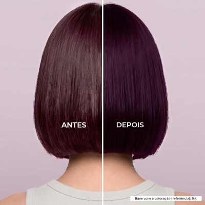 Cabelo curto castanho antes e castanho escuro arroxeado depois vista de costas