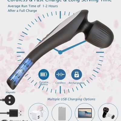 Massageador preto sem fios com indicações de carregamento rápido e opções USB
