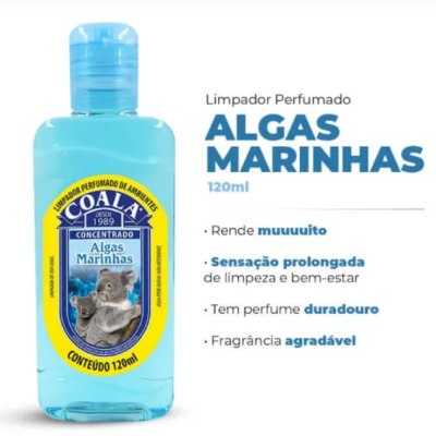 Frasco azul de limpador perfumado ALgas Marinhas com imagem de coalas