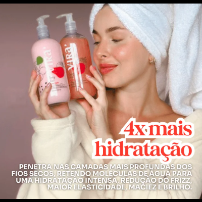 Mulher com dois frascos de produto XIRA, texto promocional de hidratação.