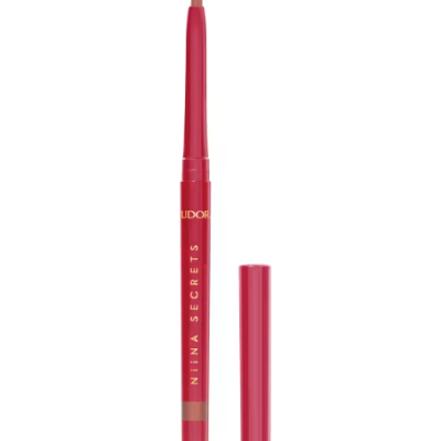 Lápis labial retrátil vermelho com texto dourado