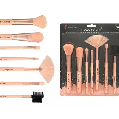 Conjunto de 8 pincéis de maquilhagem Macrilan com cabos rosa e cerdas pêssego em embalagem preta