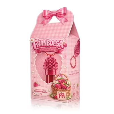 Embalagem rosa xadrez de gloss labial Franboesa com mosquetão e ilustração de cesta de framboesas