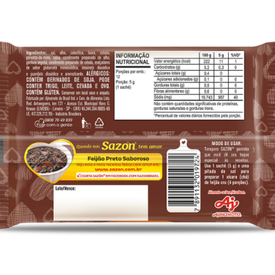 Embalagem de feijão preto saboroso com texto e tabela nutricional