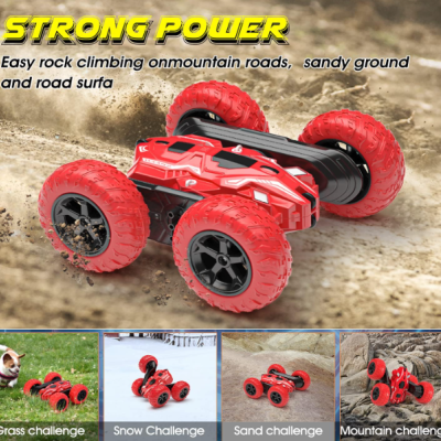 Carrinho de brinquedo off-road vermelho com pneus vermelhos grandes em várias superfícies