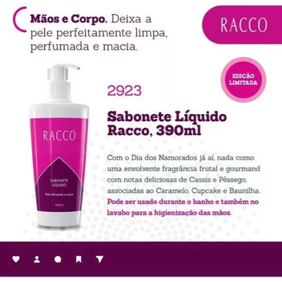 Frasco de sabonete líquido RACCO 390 ml com rótulo rosa e texto em português