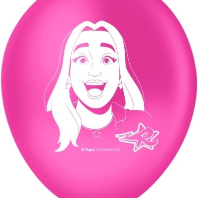Balão cor-de-rosa com desenho branco de rosto feminino sorridente