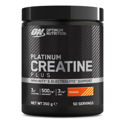 Frasco preto de suplemento Platinum Creatine Plus Optimum Nutrition sabor laranja