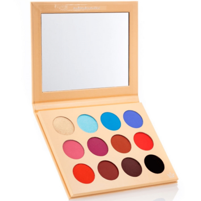 paleta de sombras coloridas com espelho numa caixa creme