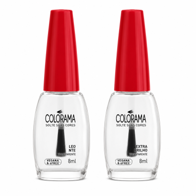 Dois frascos de verniz transparente Colorama com tampa vermelha