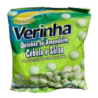 Pacote verde de snack Verinha Ovinhos de Amendoim sabor Cebola e Salsa