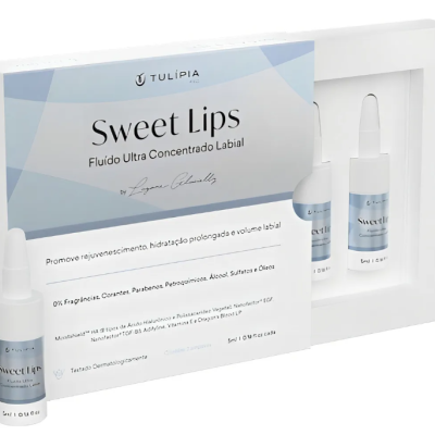 Embalagem branca e azul com ampolas de fluído labial Sweet Lips