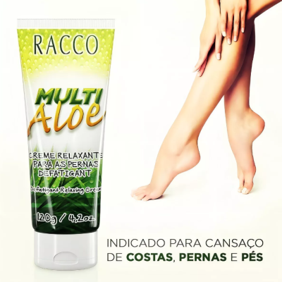 Tubo de creme relaxante Multi Aloe da RACCO com pernas femininas ao lado