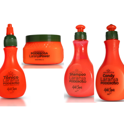 Produtos capilares alaranjados com texto preto em embalagens de plástico