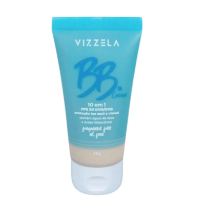 Frasco azul translúcido de BB Cream Vizzela com tampa branca