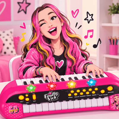 Teclado rosa infantil com luzes de estrelas e botões amarelos