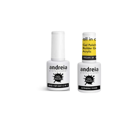Dois frascos de verniz gel Andreia Professional com rótulos distintos.