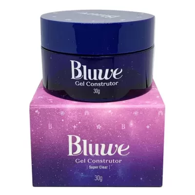 Frasco azul de gel construtor sobre caixa rosa e roxa