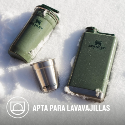 Frascos e copo Stanley verdes com neve e texto apta para lavavajillas