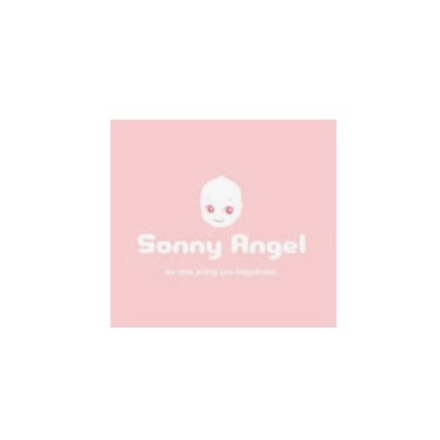 Logótipo Sonny Angel com rosto estilizado em fundo rosa