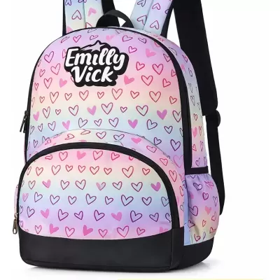 Mochila com padrão de corações coloridos e texto Emilly Vick