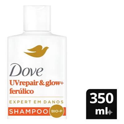 Frasco branco de shampoo Dove UVrepair & glow+ ferúlico 350 ml