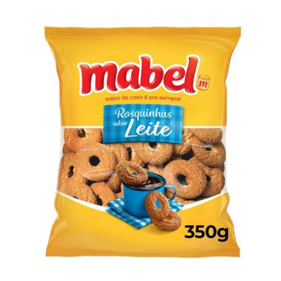 Pacote amarelo de bolachas Rosquinhas sabor leite da Mabel com 350g.