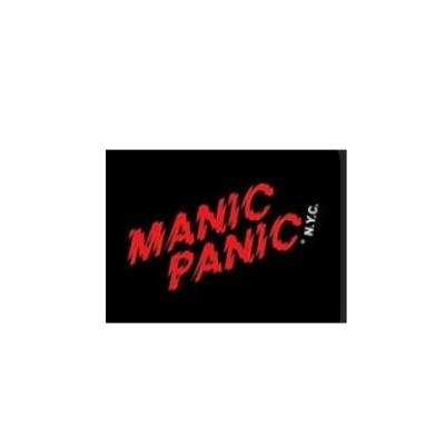 Texto MANIC PANIC N.Y.C. em vermelho e branco sobre fundo preto