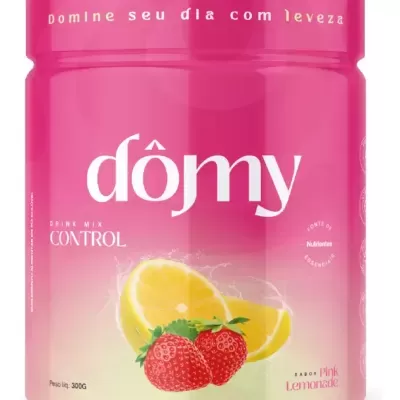Embalagem rosa do suplemento Domy Drink Mix Control com morangos e limão ilustrados