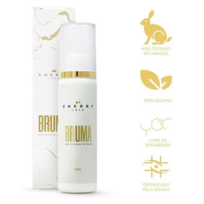 Frasco branco com embalagem branca de Bruma para extensão de cílios Cherry Lash e ícones de certificações em dourado
