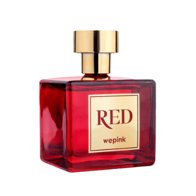 Frasco de perfume vermelho translúcido com tampa dourada e rótulo branco com texto RED wepink