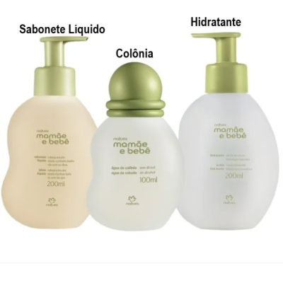 Três frascos de produtos para bebé Natura mamãe e bebê em tons bege, branco e dourado.