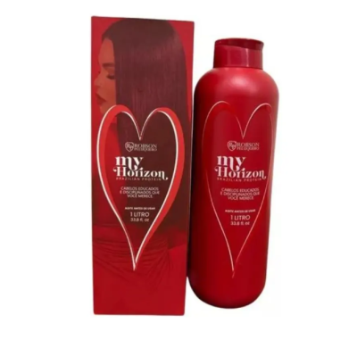 Frasco e caixa vermelhos de produto capilar My Horizon Brazilian Protein