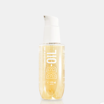 Frasco de óleo corporal BB-OIL com dosador branco e líquido amarelo