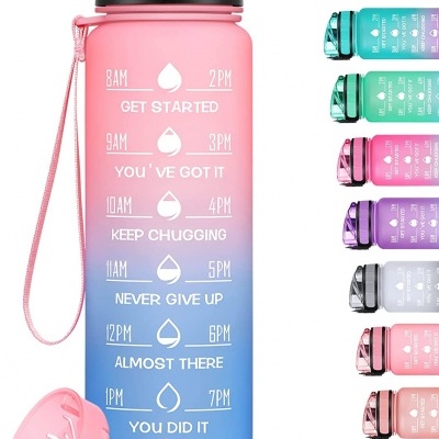 Garrafa de água colorida com marcações horárias e frases motivacionais, tampa e cordão, com várias opções de cores